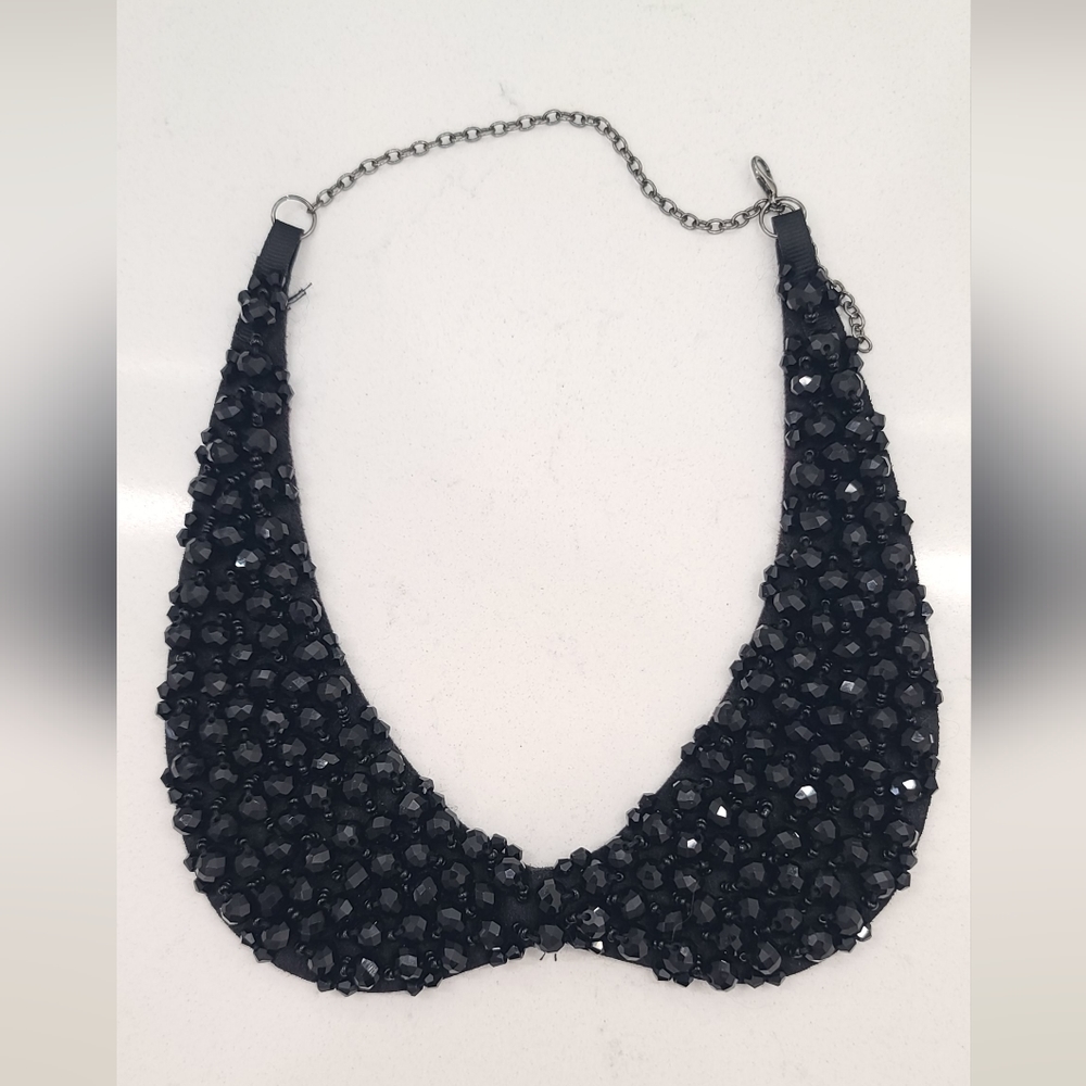 Rare Find Black beaded collar bib necklace hand embroidered